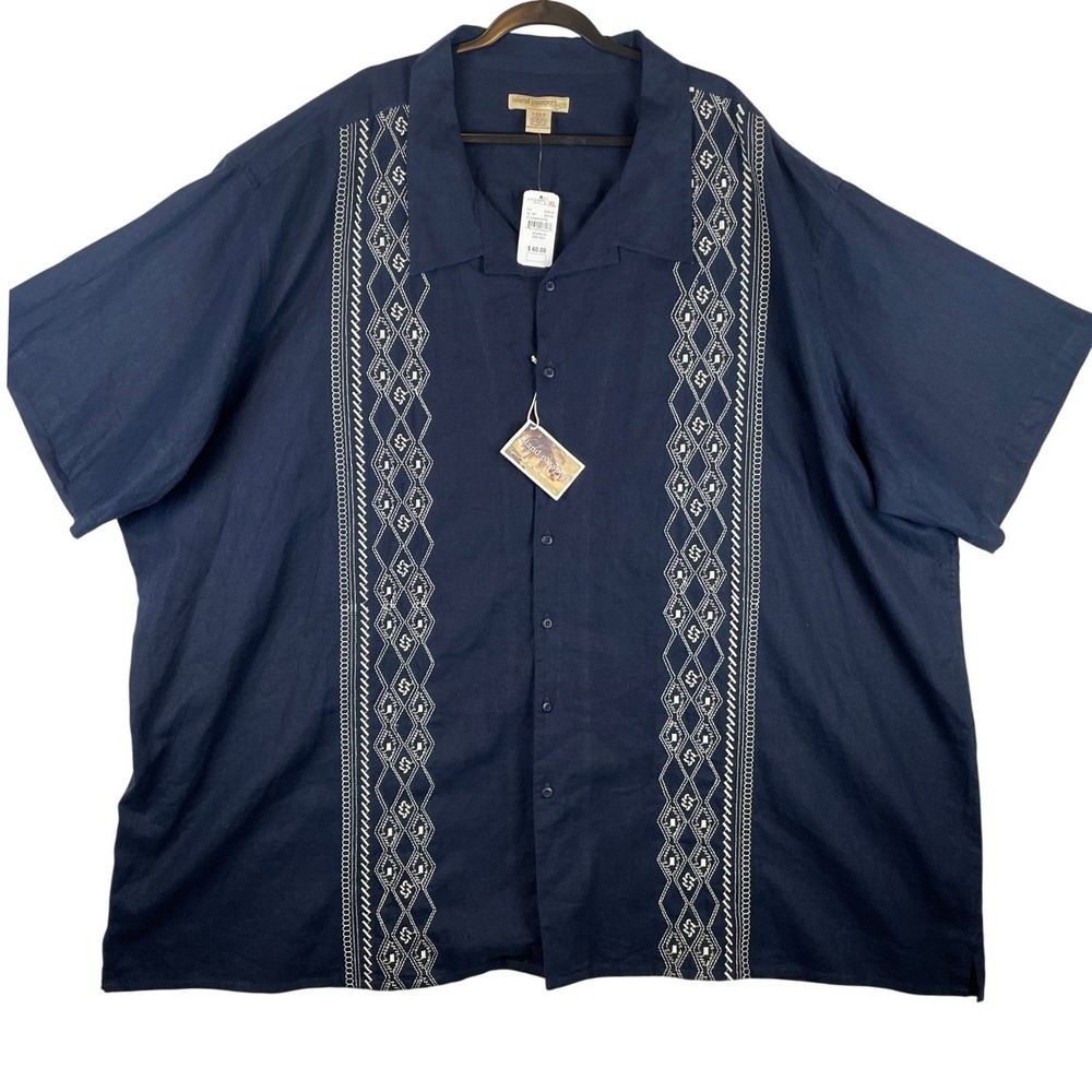 Island Passport Mens 6XLT Navy Blue Linen Blend Embroidered Guayabera Shirt NWT